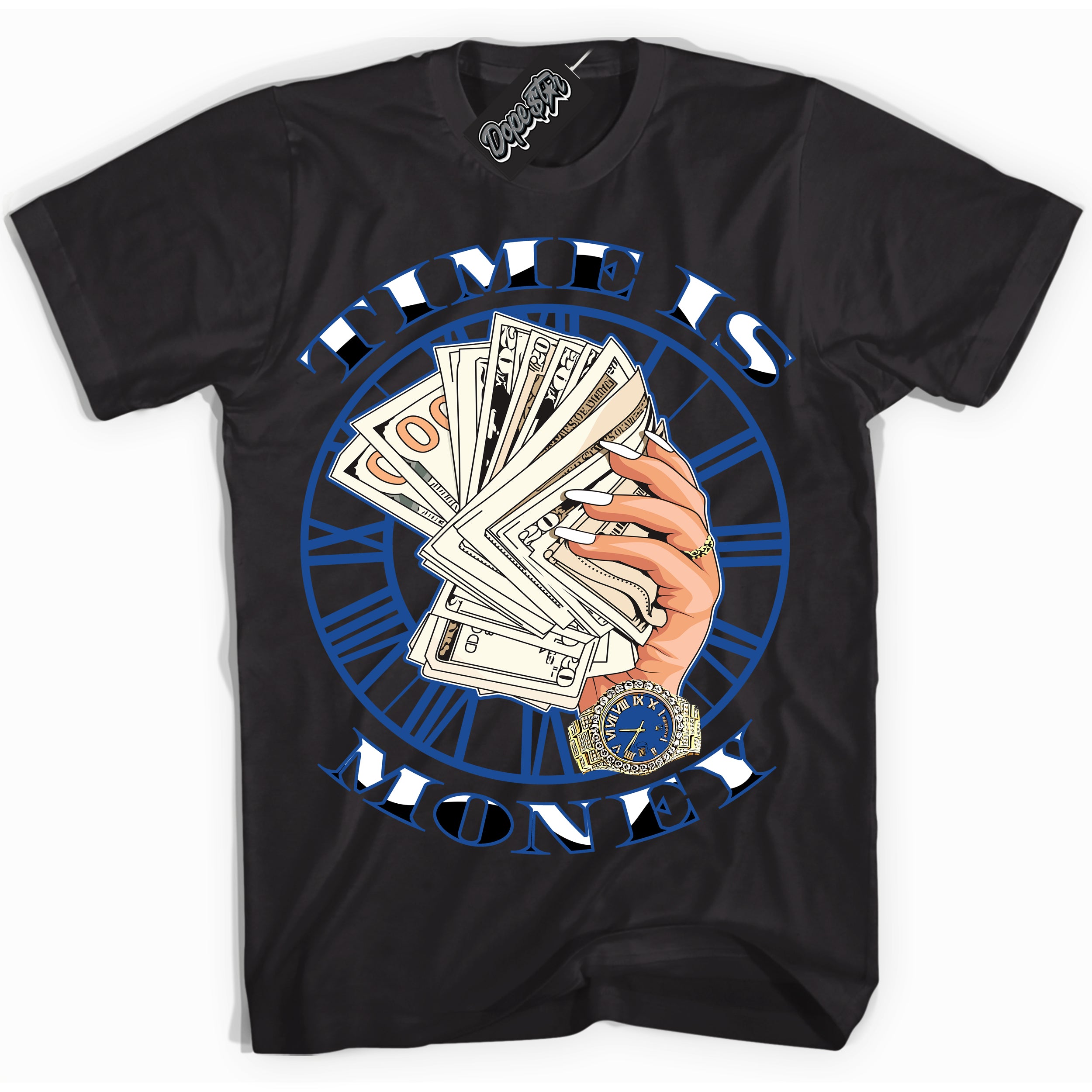 AJ12 Retro Blueberry ‘Time Is Money’ – Black Streetwear T-Shirt | Sneaker Matching shirt for AJ12 Retro Blueberry | Men's and Women's Streetwear Graphic Tee by Sneaker Shirts Outlet.

