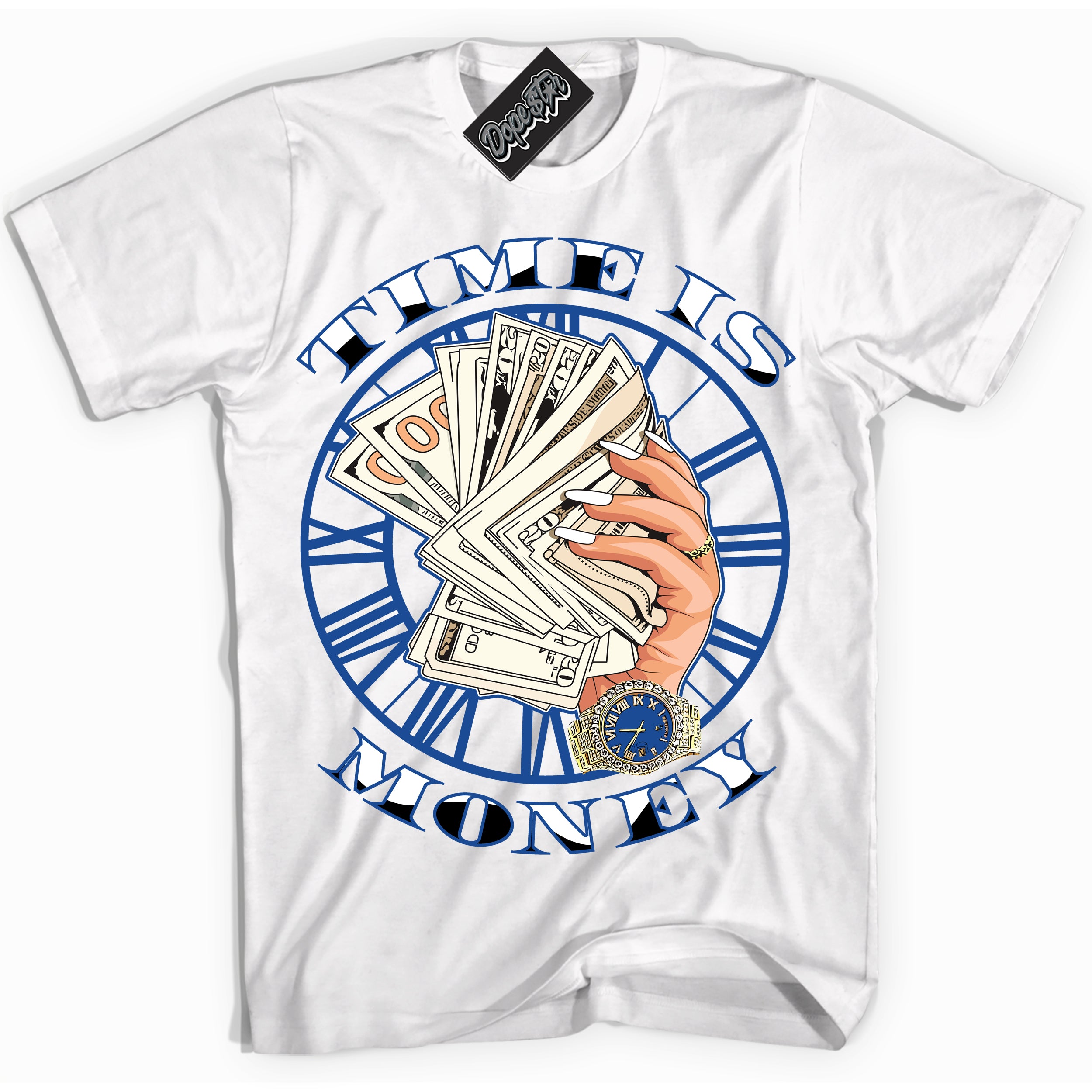 AJ12 Retro Blueberry ‘Time Is Money’ – White Streetwear T-Shirt | Sneaker Matching shirt for AJ12 Retro Blueberry | Men's and Women's Streetwear Graphic Tee by Sneaker Shirts Outlet.
