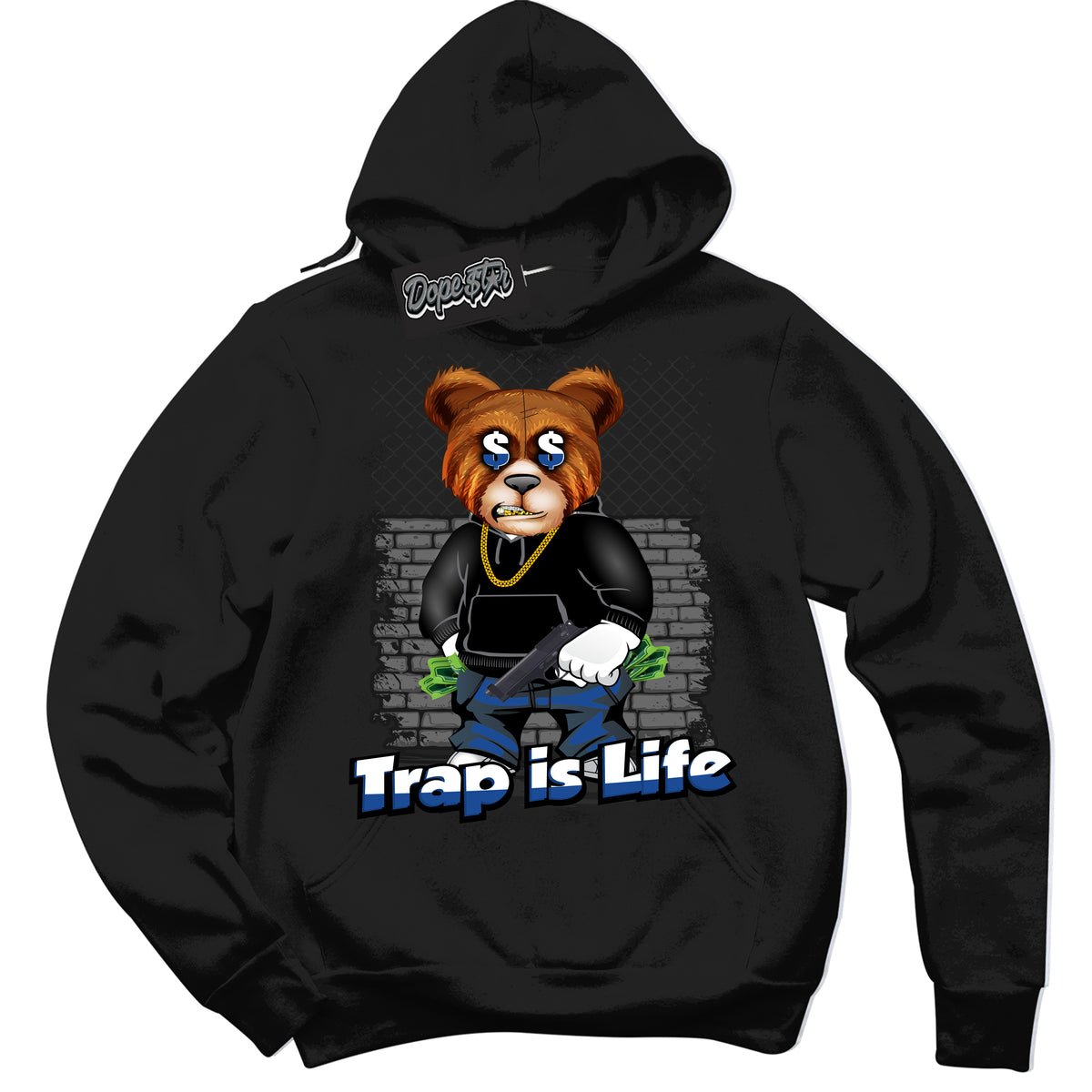 AJ12 Retro Blueberry ‘Trap Is Life’ – Black Streetwear Hoodie | Sneaker Matching sweatshirt for AJ12 Retro Blueberry | Men's and Women's Streetwear Graphic Hoodie by Sneaker Shirts Outlet.
