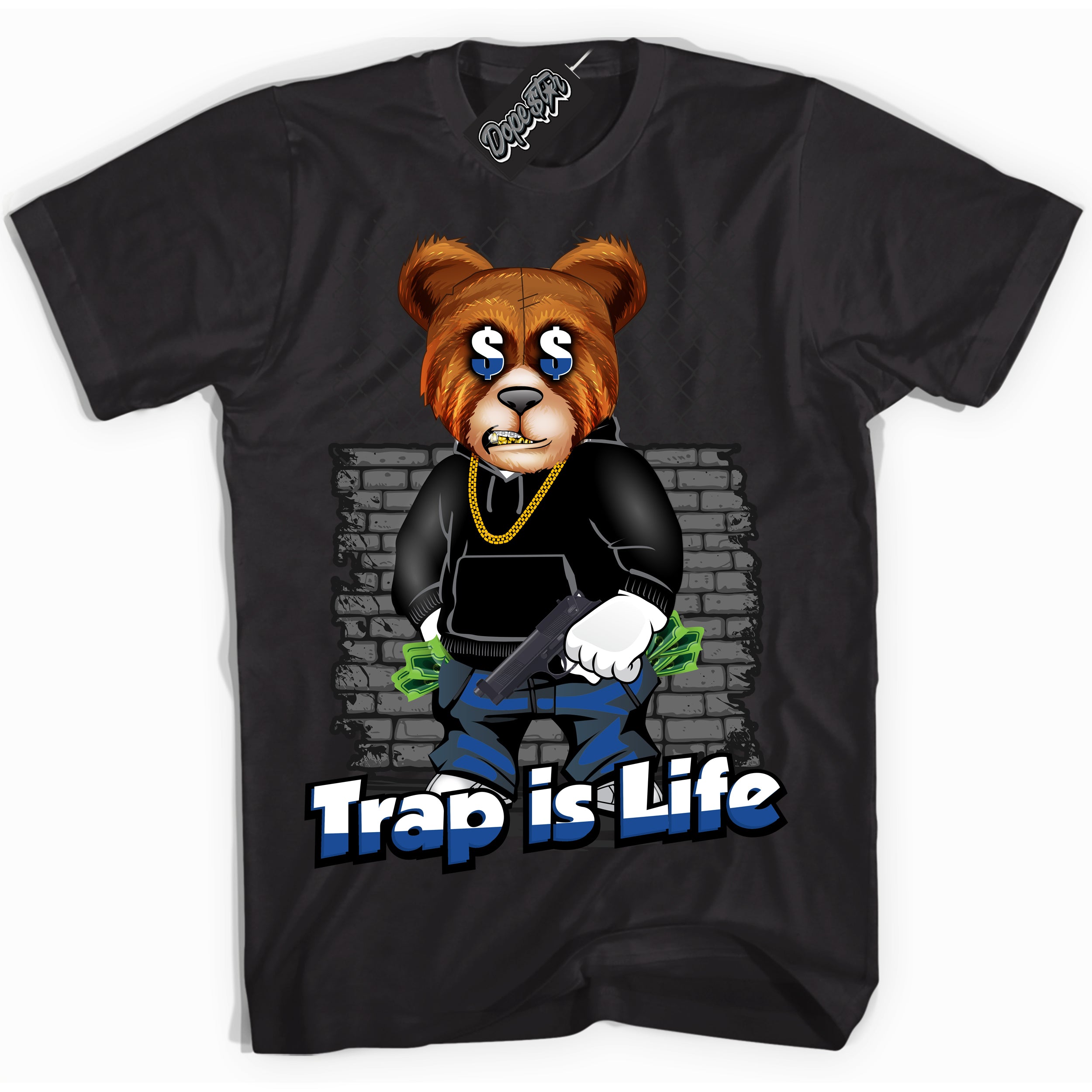 AJ12 Retro Blueberry ‘Trap Is Life’ – Black Streetwear T-Shirt | Sneaker Matching shirt for AJ12 Retro Blueberry | Men's and Women's Streetwear Graphic Tee by Sneaker Shirts Outlet.
