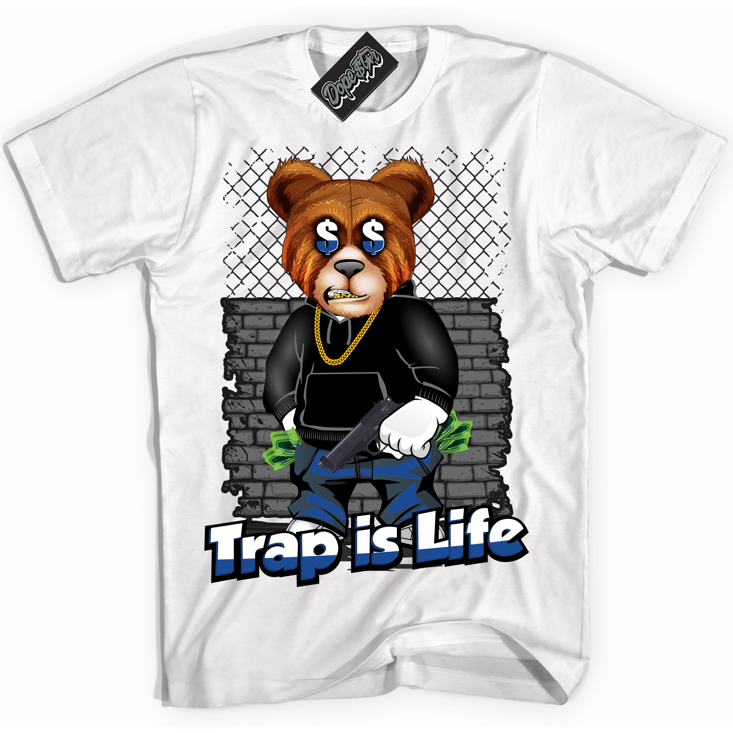 AJ12 Retro Blueberry ‘Trap Is Life’ – White Streetwear T-Shirt | Sneaker Matching shirt for AJ12 Retro Blueberry | Men's and Women's Streetwear Graphic Tee by Sneaker Shirts Outlet.
