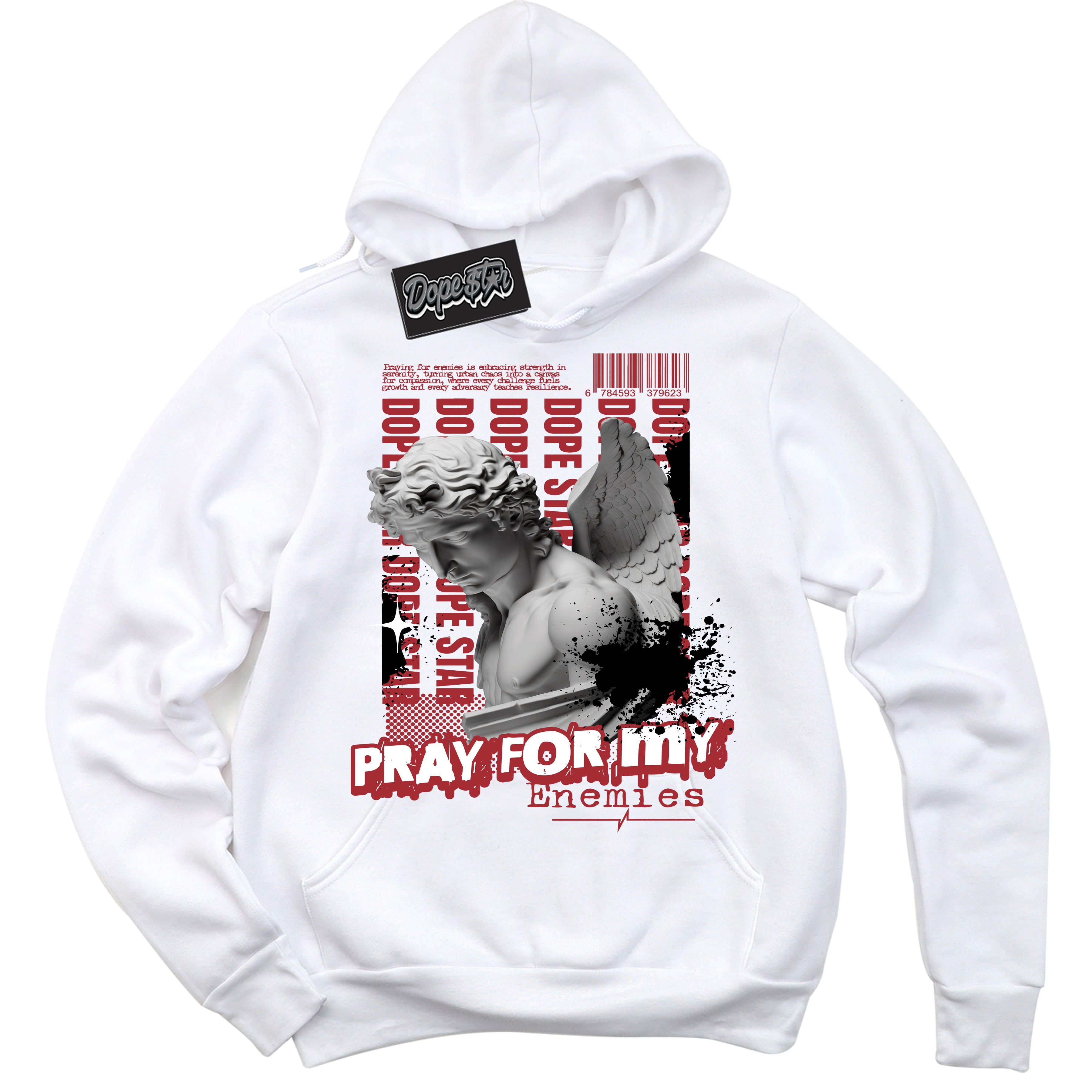 Cool White Hoodie with “ Pray Enemies ”  design that Perfectly Matches Taxi Flip 12s Sneakers.