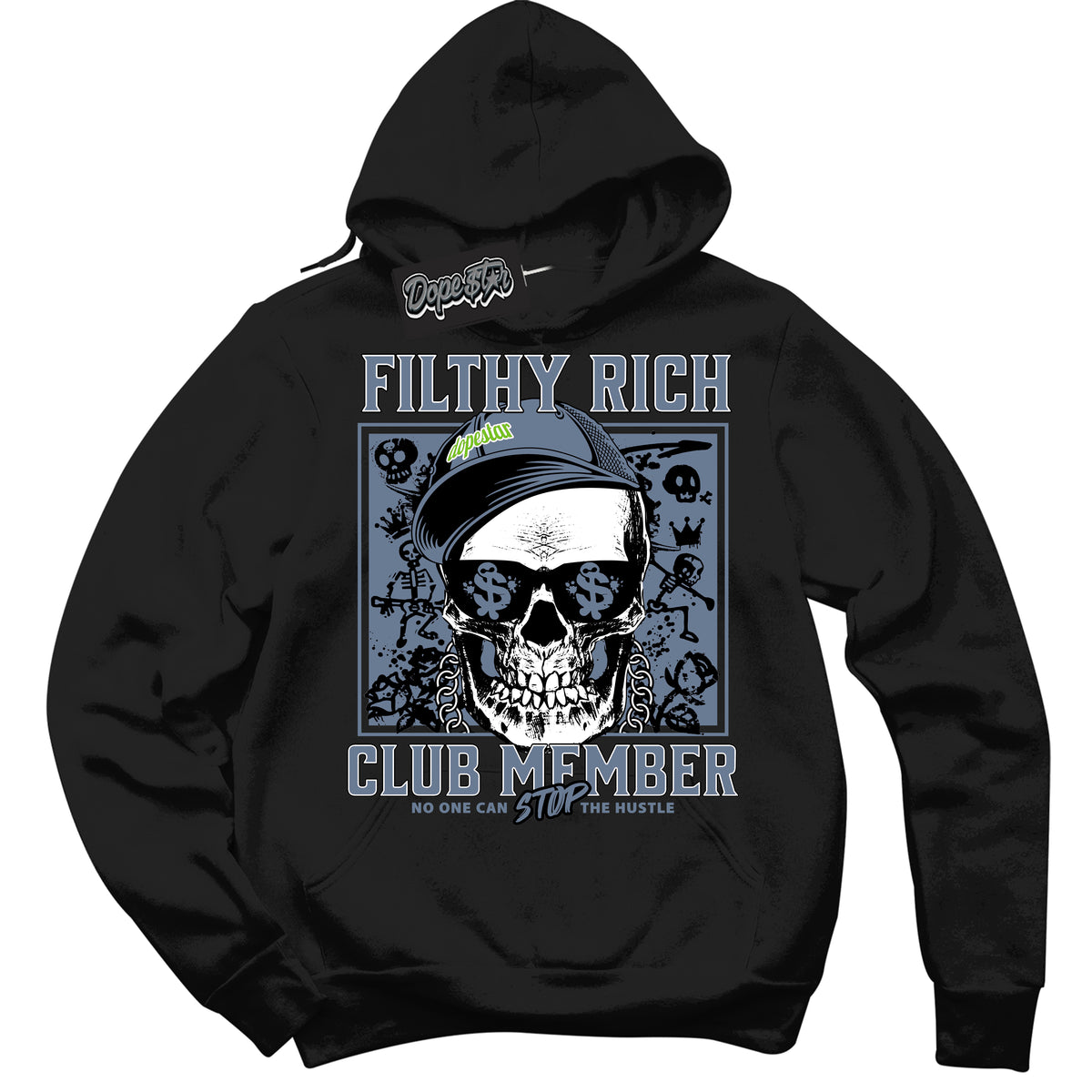 Cool Black Hoodie with “ Filthy Rich ”  design that Perfectly Matches Blue Grey 13s Sneakers.