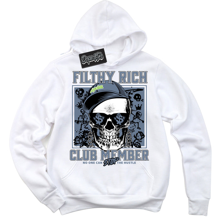 Cool White Hoodie with “ Filthy Rich ”  design that Perfectly Matches Blue Grey 13s Sneakers.