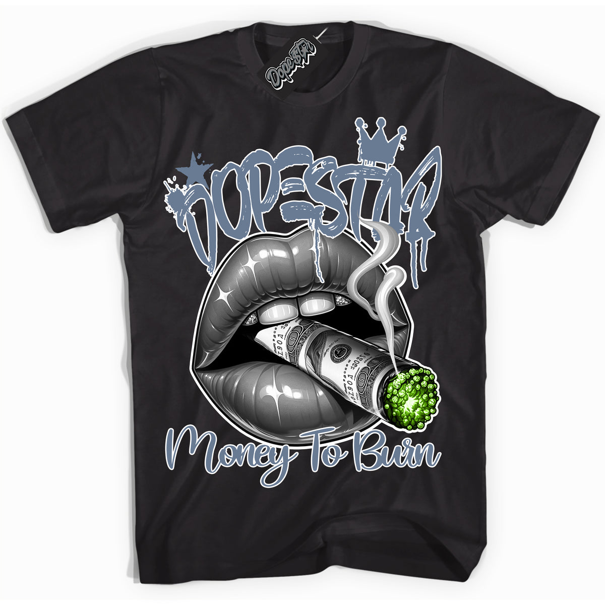 Cool Black Shirt with “ Money To Burn” design that perfectly matches Blue Grey 13s Sneakers.