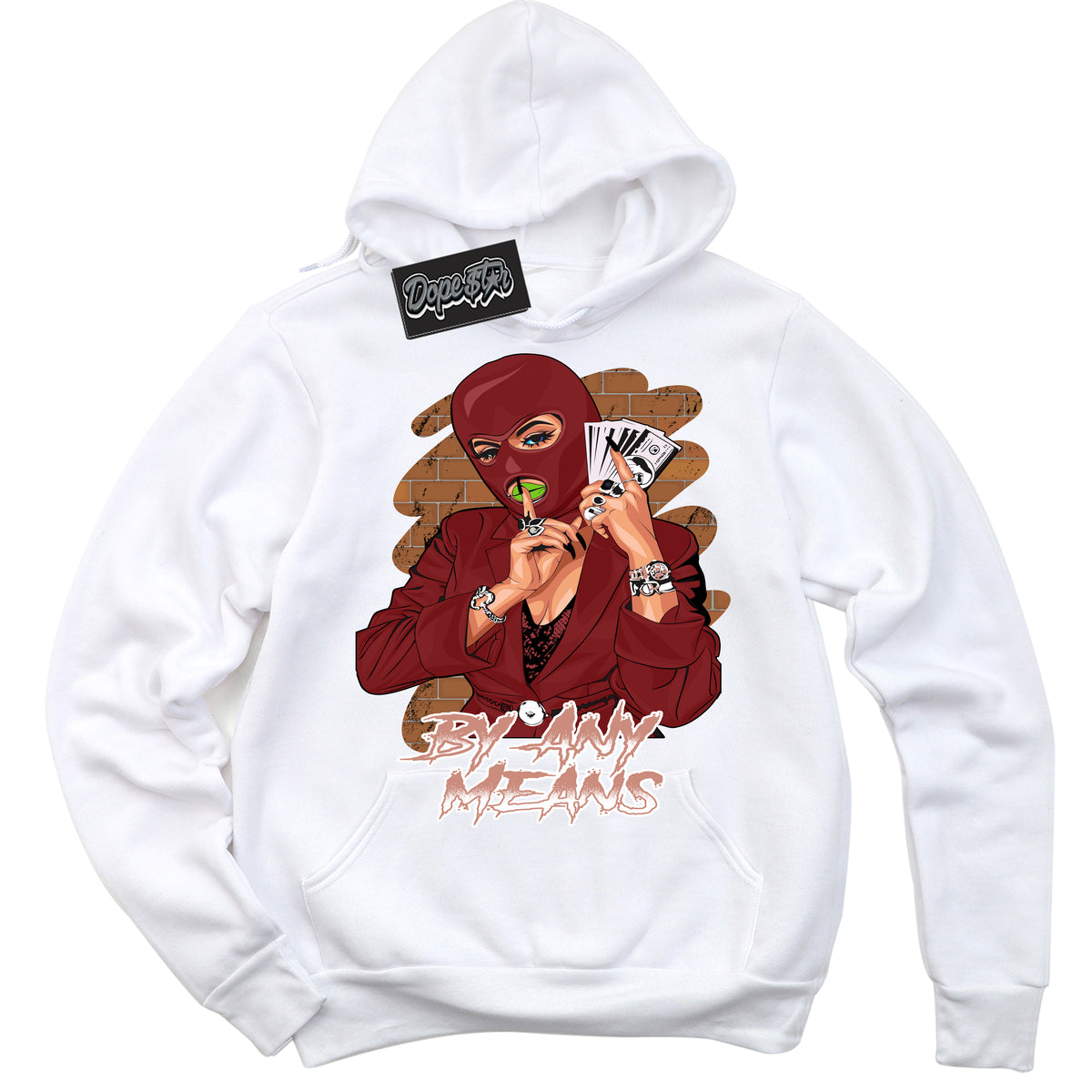 Cool White Hoodie with “By Any Means” design that Perfectly Matches Dune Red 13s Jordans.