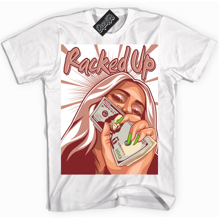 Cool White Shirt with “Racked Up” design that perfectly matches the Dune Red 13s Jordans.