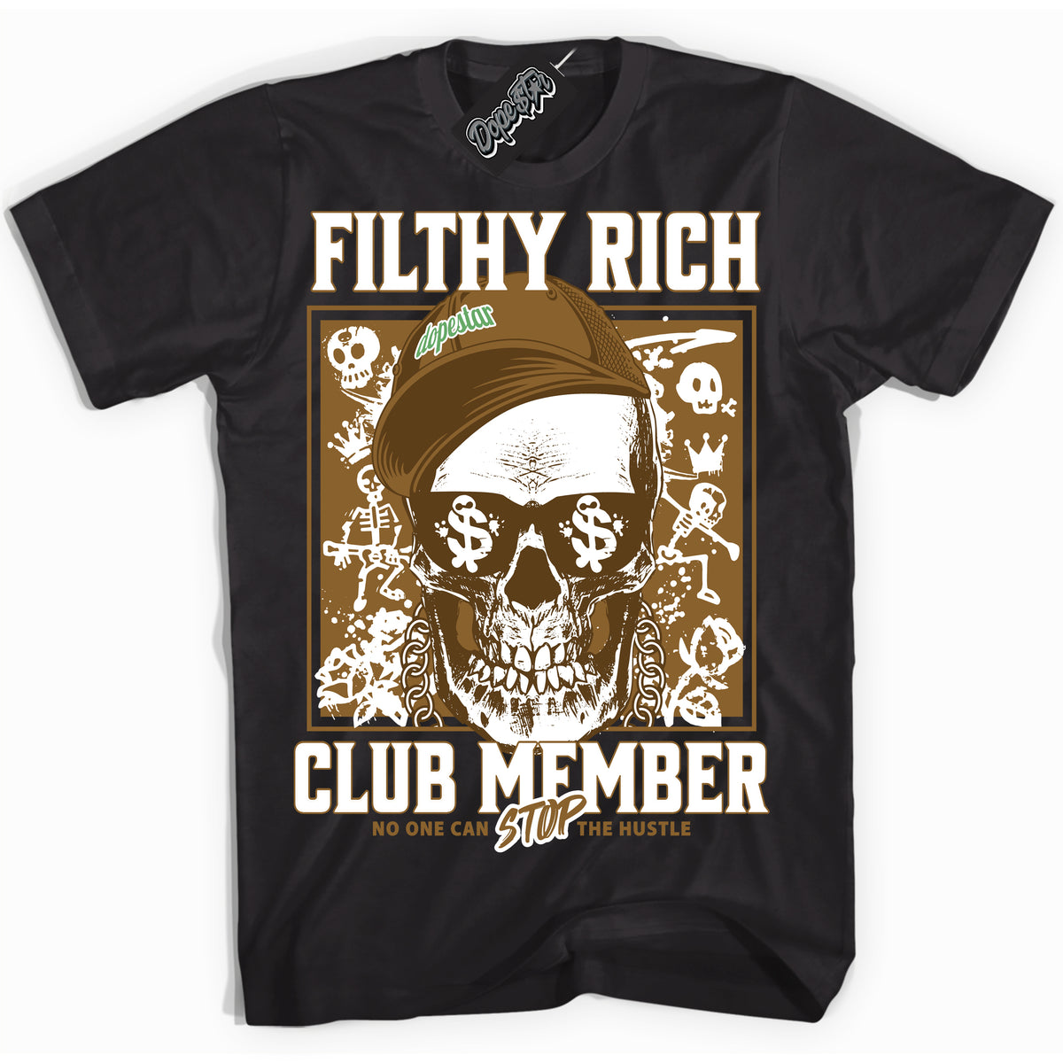 Cool Black Shirt with “ Filthy Rich” design that perfectly matches Wheat 13s Sneakers.