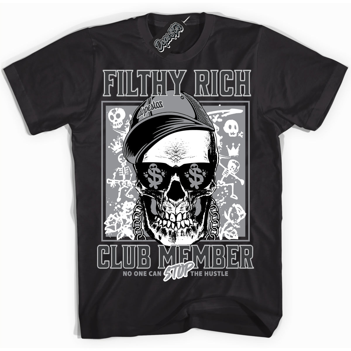 Cool Black Shirt with “ Filthy Rich” design that perfectly matches Flint Grey 14s Sneakers.
