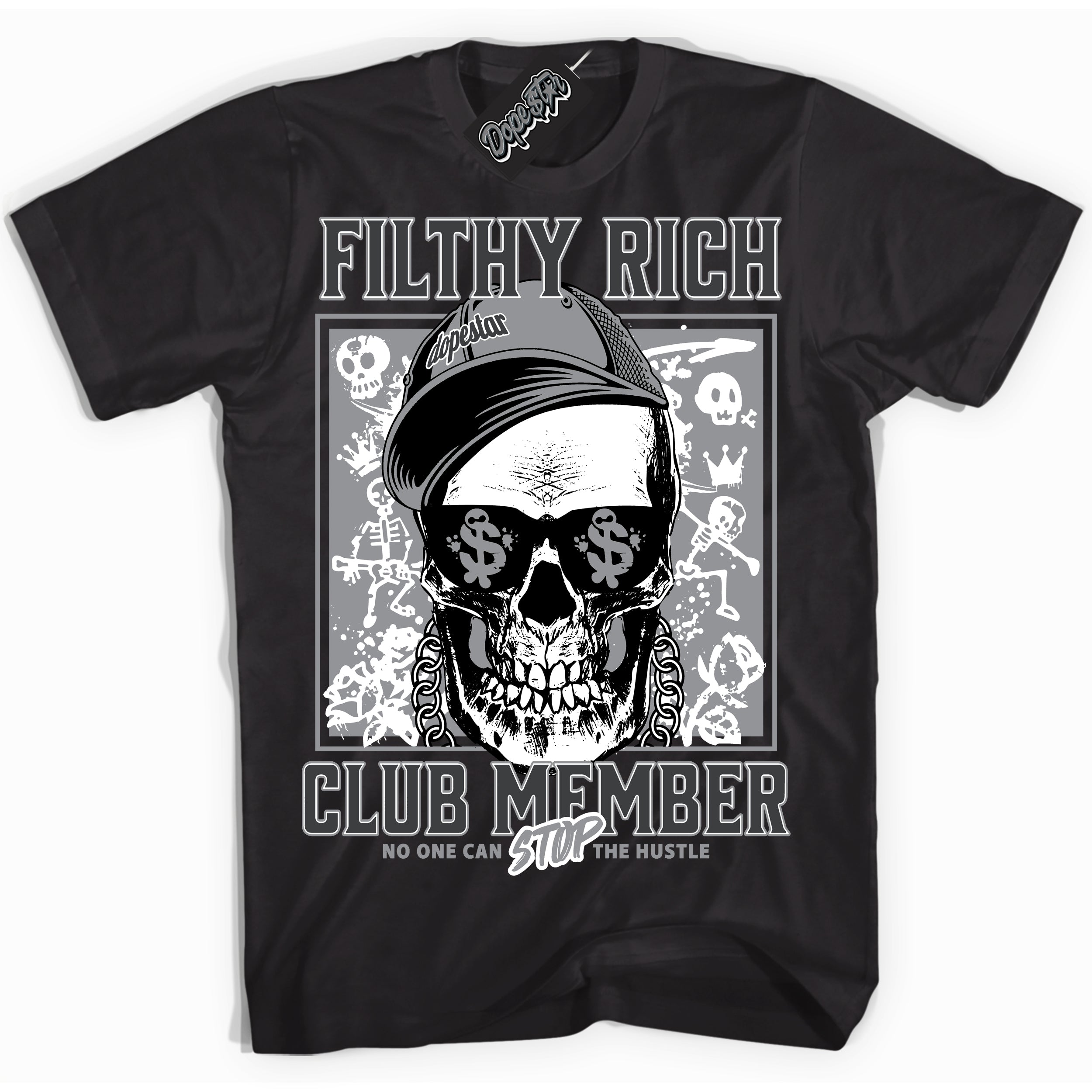 Cool Black Shirt with “ Filthy Rich” design that perfectly matches Flint Grey 14s Sneakers.
