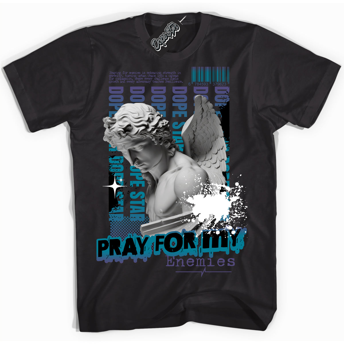 Cool Black Shirt with “ Pray Enemies” design that perfectly matches Love Letter 14s Sneakers.