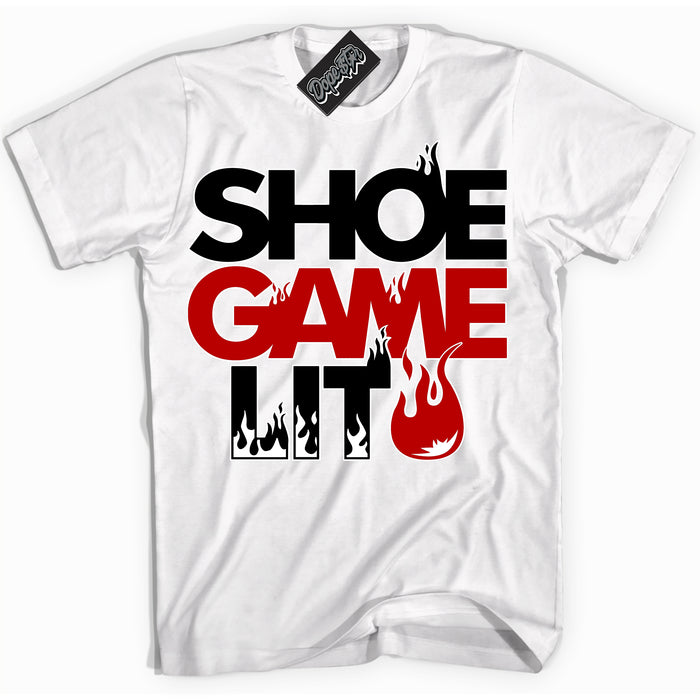Cool White Shirt with “ Shoe Game Lit ” design that perfectly matches Black Gym Red White 1s Sneakers.