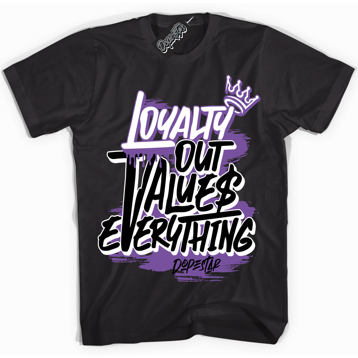 Cool Black Shirt with “ Loyalty Out Values Everything” design that perfectly matches FlyEase Black Bright Violet 1s Sneakers.