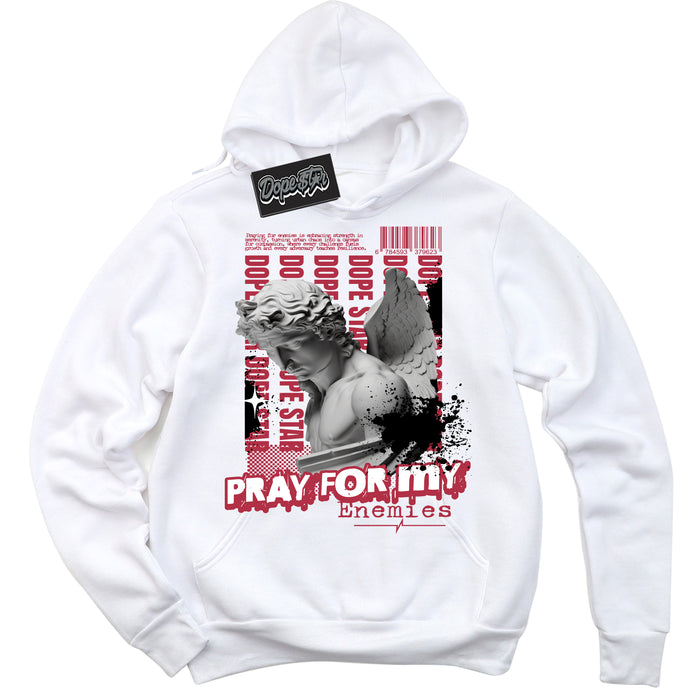 Cool White Hoodie with “ Pray Enemies ”  design that Perfectly Matches FlyEase Black White Fire Red 1s Sneakers.