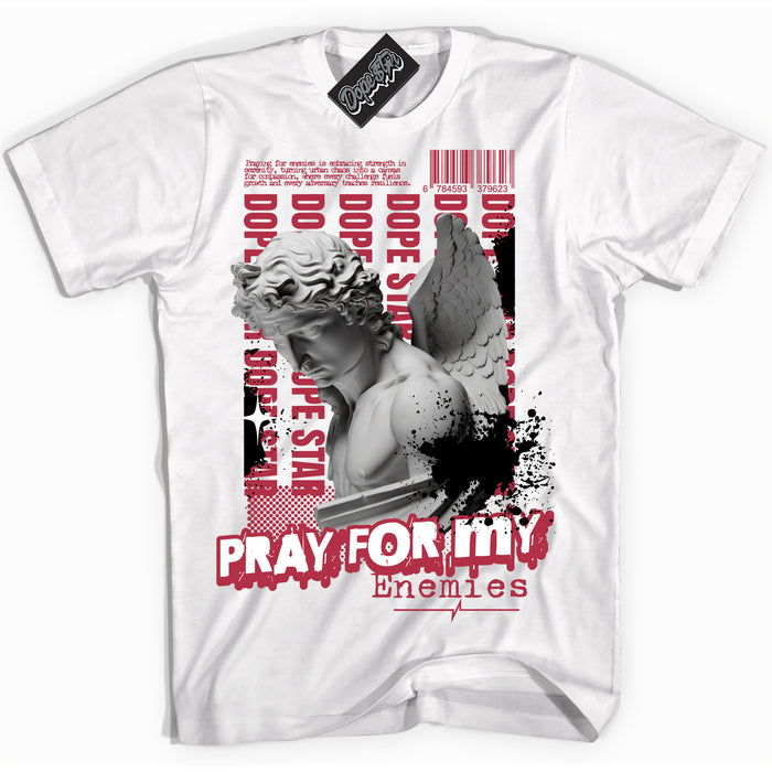 Cool White Shirt with “ Pray Enemies” design that perfectly matches FlyEase Black White Fire Red 1s Sneakers.