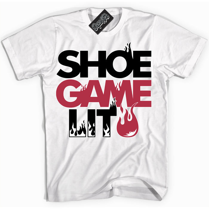 Cool White Shirt with “ Shoe Game Lit ” design that perfectly matches FlyEase Black White Fire Red 1s Sneakers.