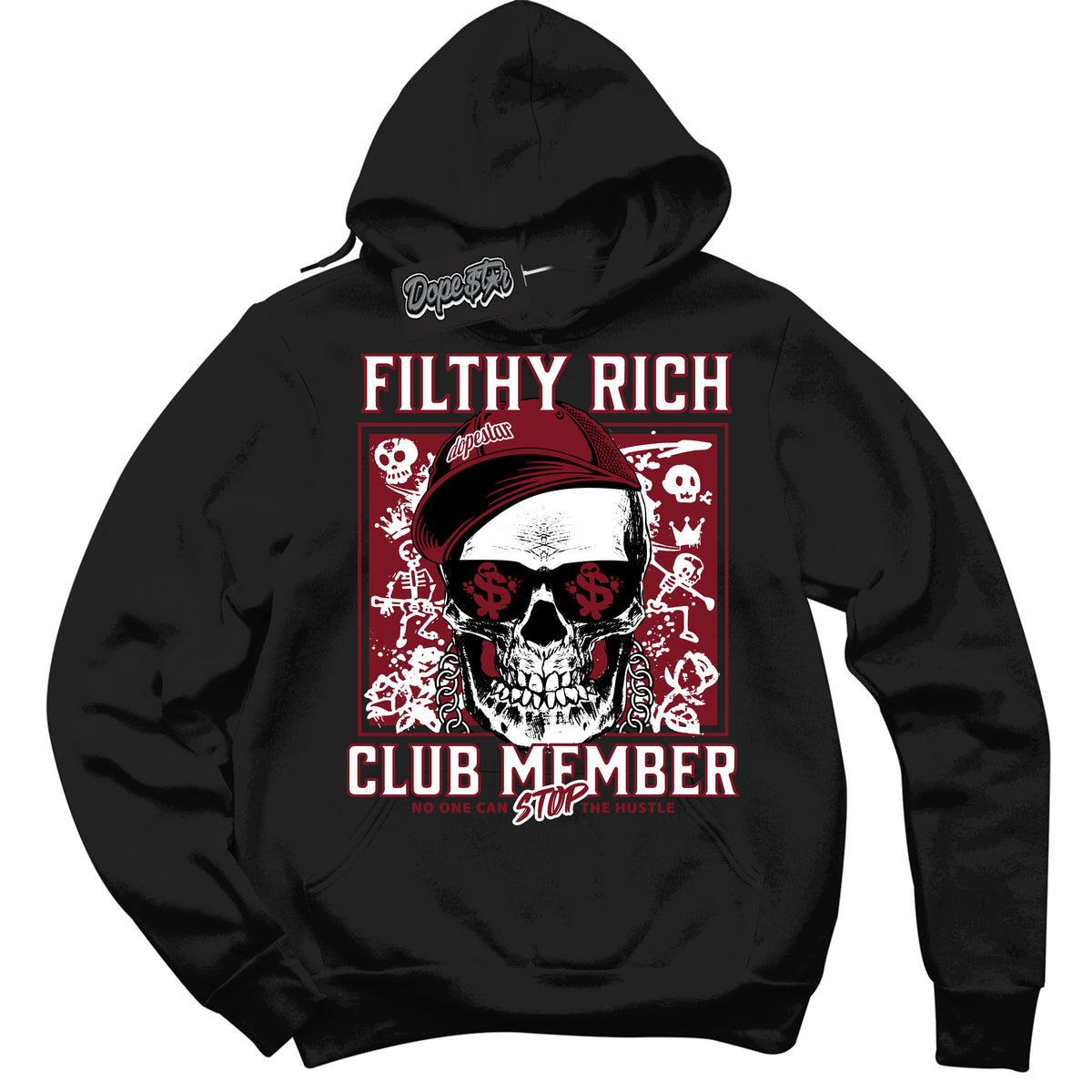 Cool Black Hoodie with “ Filthy Rich ”  design that Perfectly Matches Metallic Burgundy 1s Sneakers.