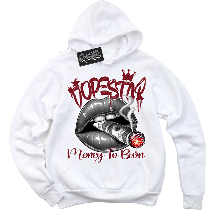 Cool White Hoodie with “ Money To Burn ”  design that Perfectly Matches Metallic Burgundy 1s Sneakers.