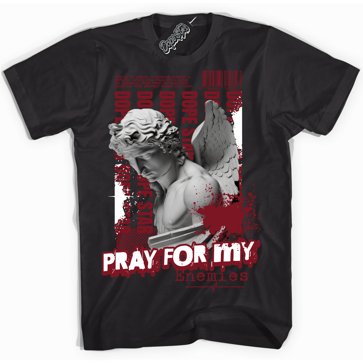 Cool Black Shirt with “ Pray Enemies” design that perfectly matches Metallic Burgundy 1s Sneakers.
