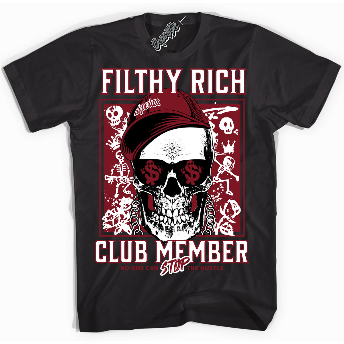 Cool Black Shirt with “ Filthy Rich” design that perfectly matches Metallic Burgundy 1s Sneakers.