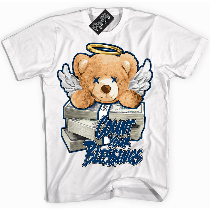 Cool White Shirt with “Count Your Blessings” design that perfectly matches the Midnight Navy 1s Jordans.