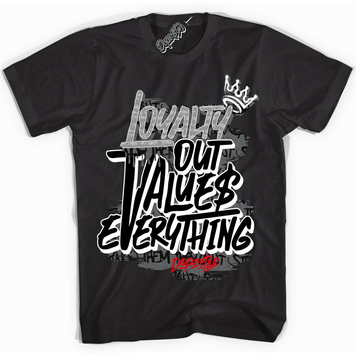 Cool Black Shirt with “ Loyalty Out Values Everything” design that perfectly matches Rebellionaire 1s Sneakers.