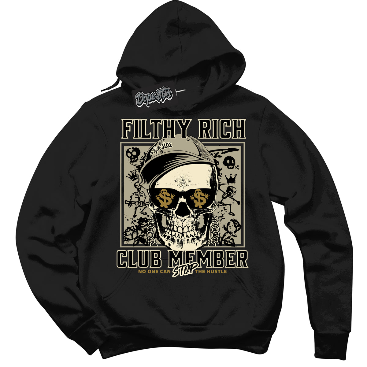 Cool Black Hoodie with “ Filthy Rich ”  design that Perfectly Matches Dia De Muertos 1s Sneakers.