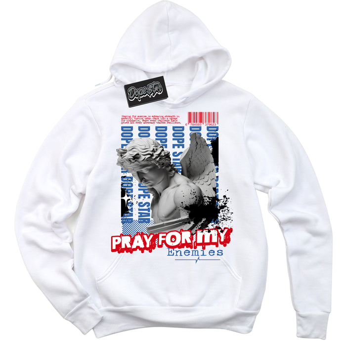 Cool White Hoodie with “ Pray Enemies ”  design that Perfectly Matches Industrial Blue Sashiko 1s Sneakers.