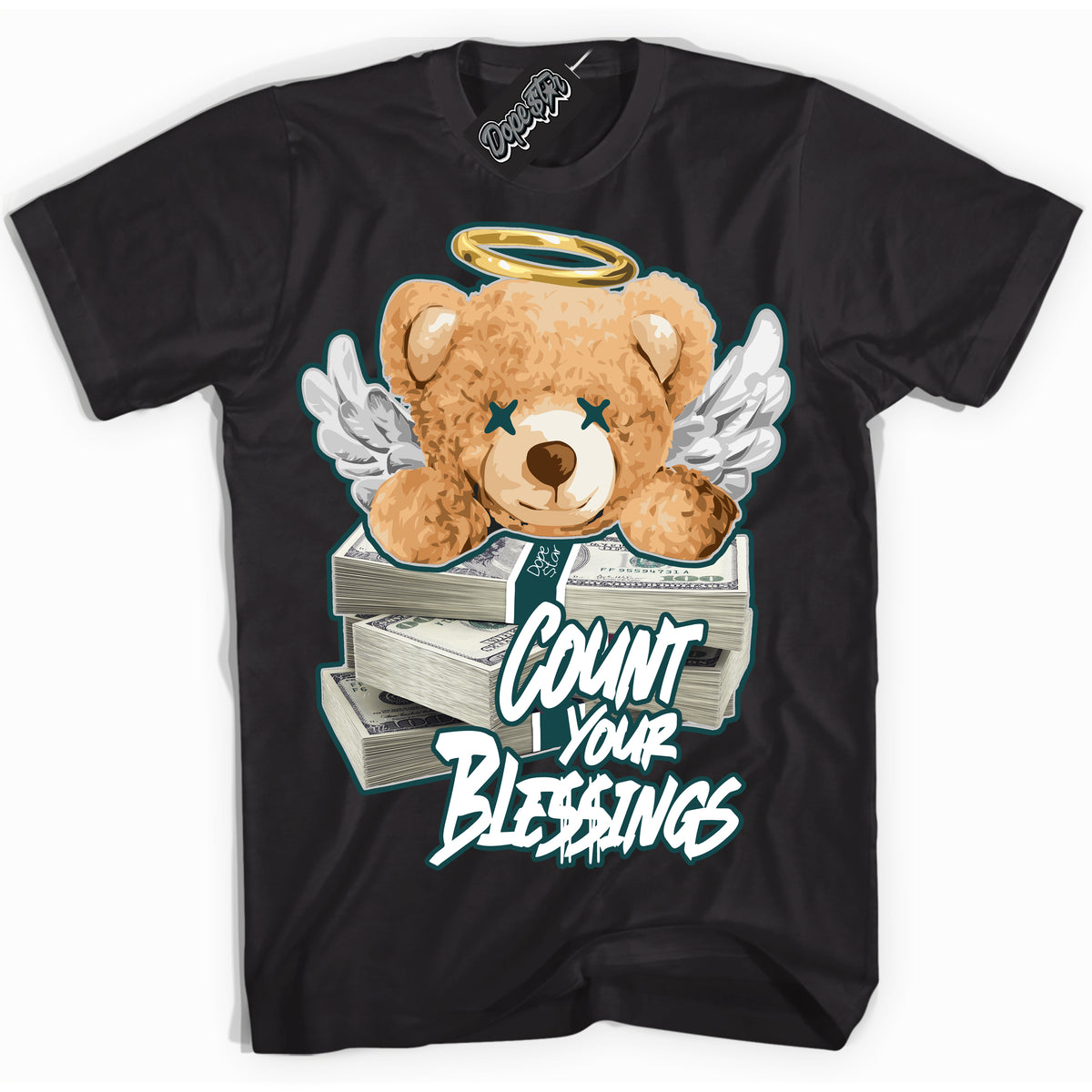 Cool Black Shirt with “Count Your Blessings” design that perfectly matches the Oxidized Green 1s Jordans.