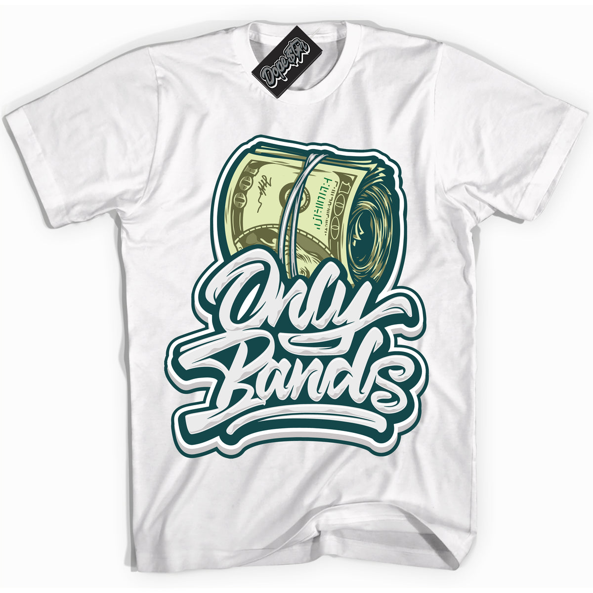 Cool White Shirt with “Only Bands” design that perfectly matches the Oxidized Green 1s Jordans.