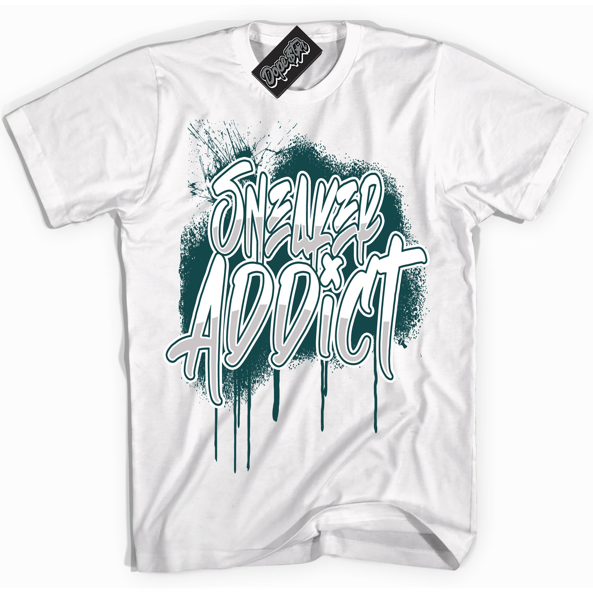 Cool White Shirt with “Sneaker Addict” design that perfectly matches the Oxidized Green 1s Jordans.