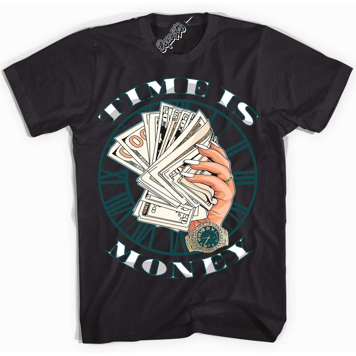 Cool Black Shirt with “Time Is Money” design that perfectly matches the Oxidized Green 1s Jordans.