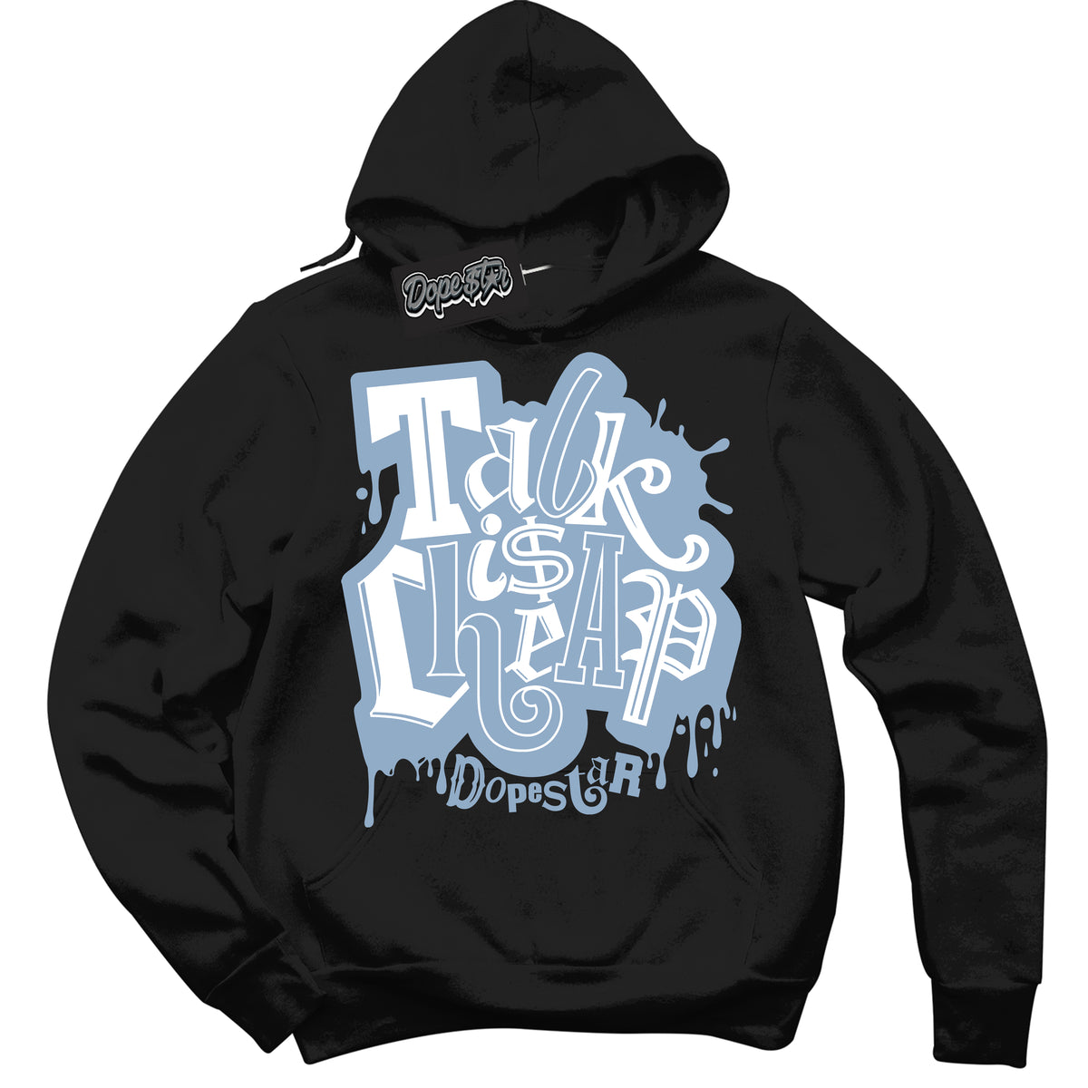 Cool Black Hoodie with “ Talk Is Cheap ”  design that Perfectly Matches Aluminum 1s Sneakers.