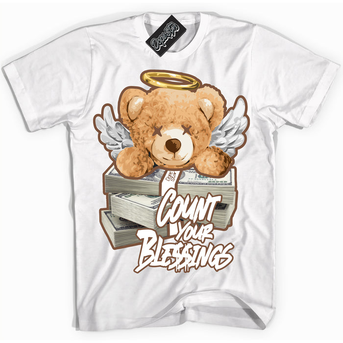 AJ1 Low Archaeo Brown White 'Count Your Blessings' Shirt - White Streetwear Mockup | Sneakerhead T-shirt Matching Archaeo Brown White AJ1 Lows | Limited Edition Jordan 1 Low Archaeo Brown White Shirt for Men & Women | Drip with Your Archaeo Brown White 1s Kicks | Sneakerhead Fashion Must-Have.