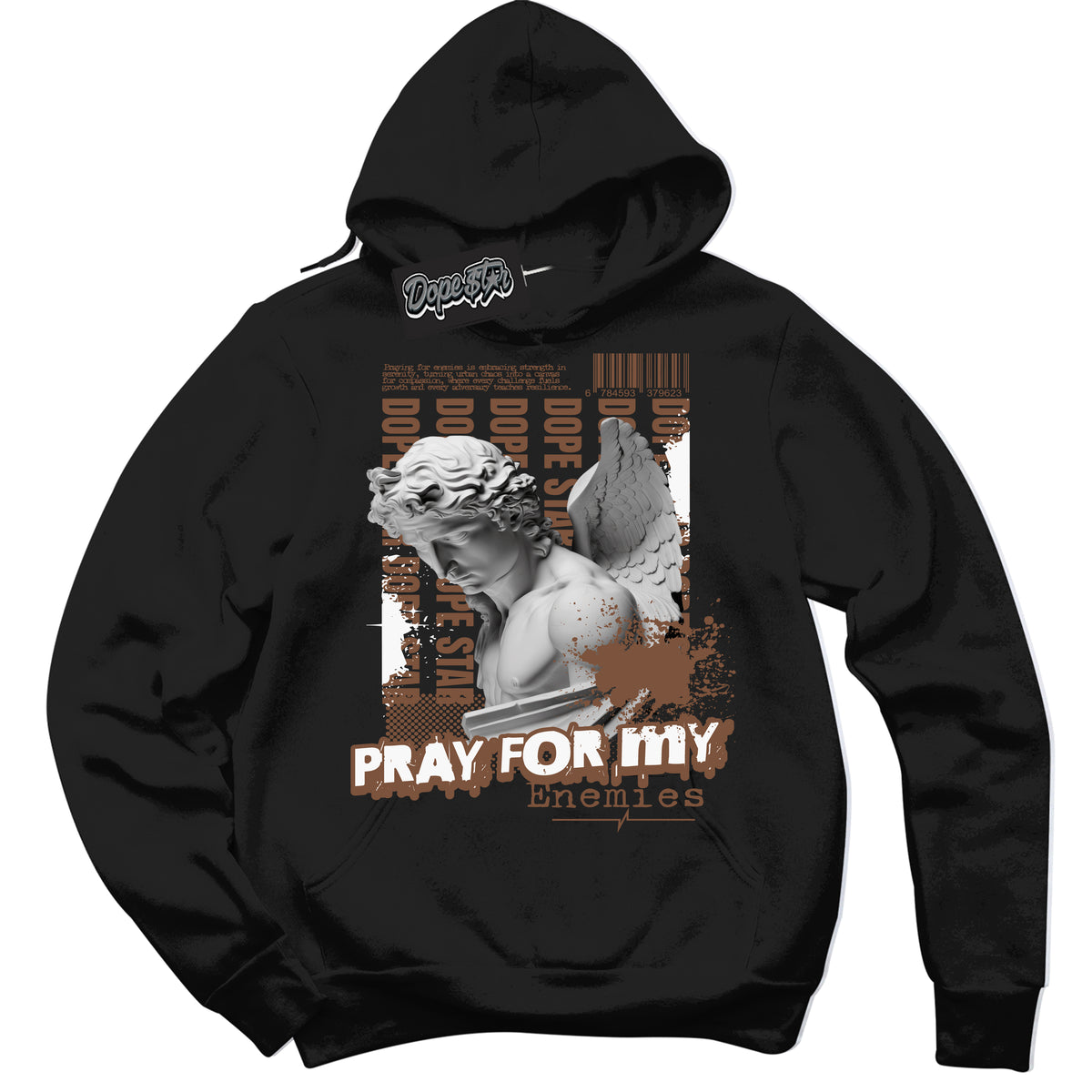 AJ1 Low Archaeo Brown White 'Pray Enemies' Hoodie- Black Streetwear Mockup | Sneakerhead Hoodie Matching Archaeo Brown White AJ1 Lows | Limited Edition Jordan 1 Low Archaeo Brown White hoodie for Men & Women | Drip with Your Archaeo Brown White 1s Kicks | Sneakerhead Fashion Must-Have.