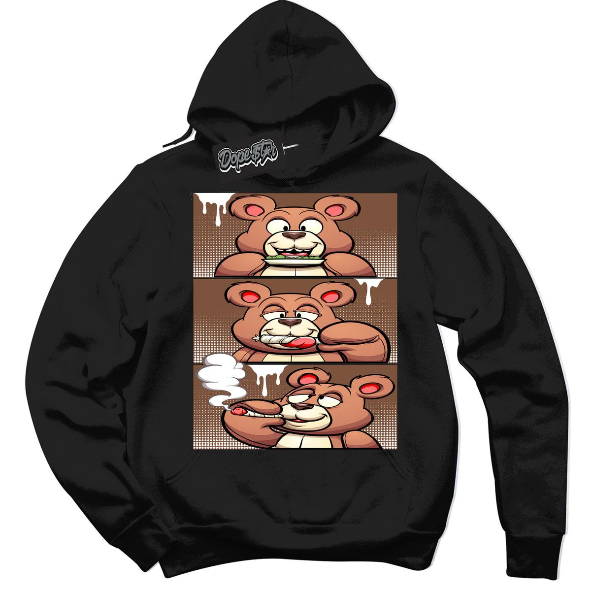 AJ1 Low Archaeo Brown White 'Roll It Lick It Smoke It Bear' Hoodie- Black Streetwear Mockup | Sneakerhead Hoodie Matching Archaeo Brown White AJ1 Lows | Limited Edition Jordan 1 Low Archaeo Brown White hoodie for Men & Women | Drip with Your Archaeo Brown White 1s Kicks | Sneakerhead Fashion Must-Have.