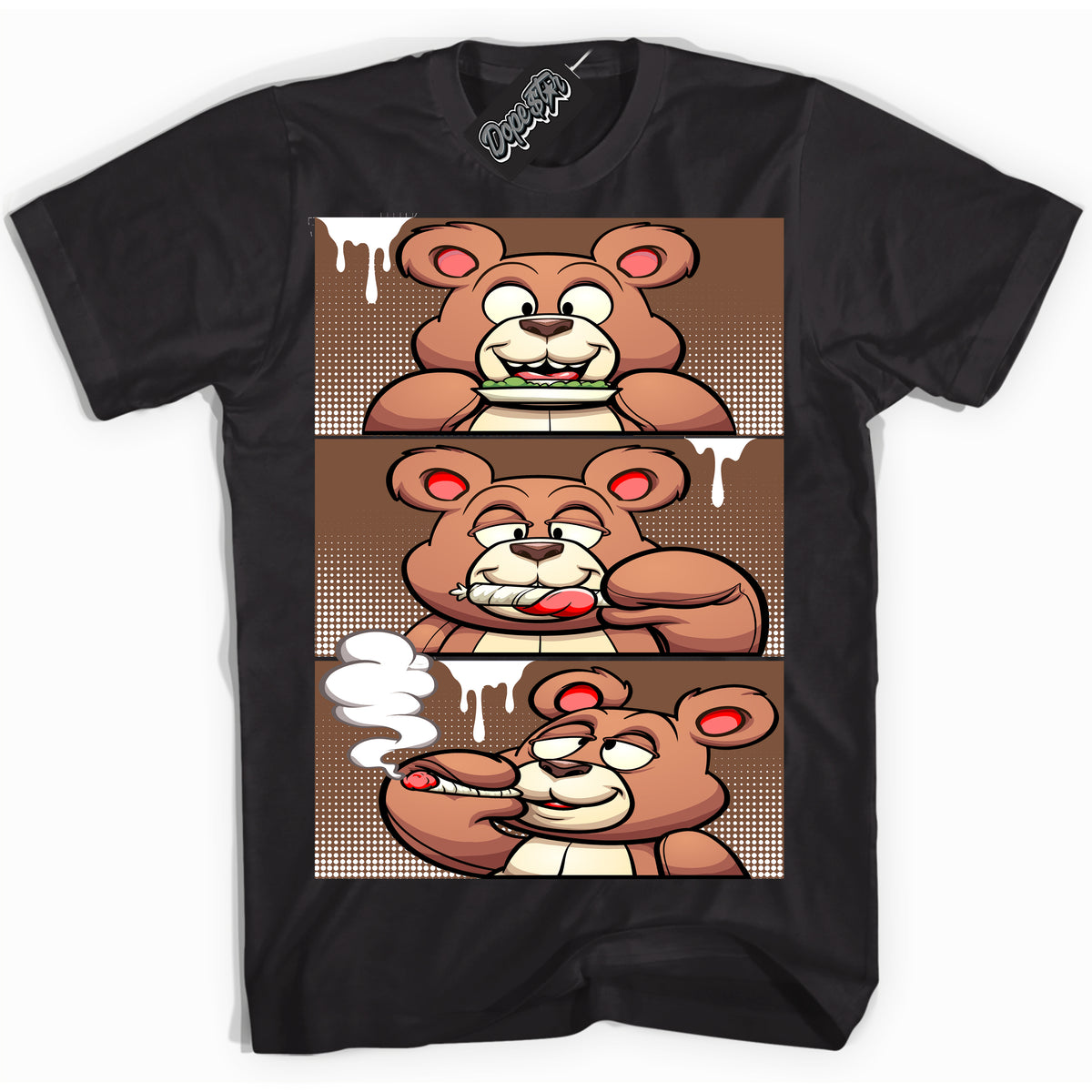 AJ1 Low Archaeo Brown White 'Roll It Lick It Smoke It Bear' Shirt - Black Streetwear Mockup | Sneakerhead T-shirt Matching Archaeo Brown White AJ1 Lows| Limited Edition Jordan 1 Low Archaeo Brown White Shirt for Men & Women | Drip with Your Archaeo Brown White 1s Kicks | Sneakerhead Fashion Must-Have.