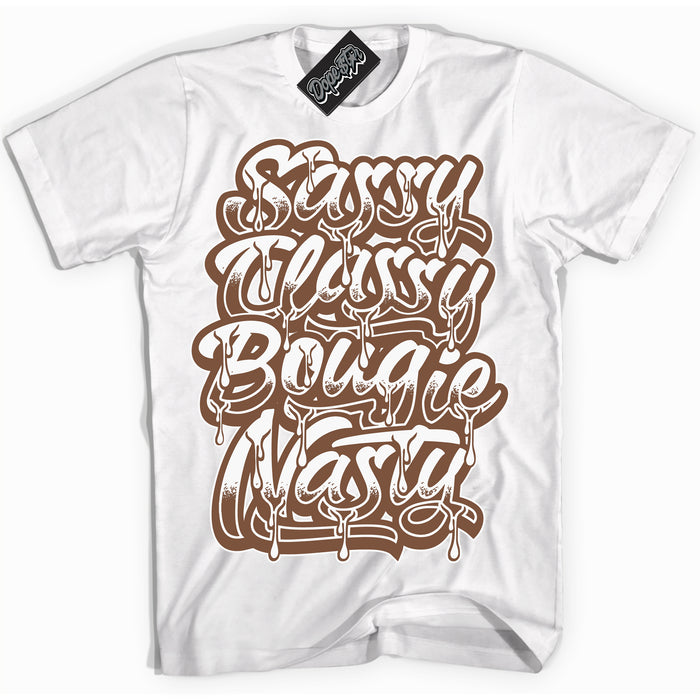 AJ1 Low Archaeo Brown White 'Sassy Classy' Shirt - White Streetwear Mockup | Sneakerhead T-shirt Matching Archaeo Brown White AJ1 Lows | Limited Edition Jordan 1 Low Archaeo Brown White Shirt for Men & Women | Drip with Your Archaeo Brown White 1s Kicks | Sneakerhead Fashion Must-Have.