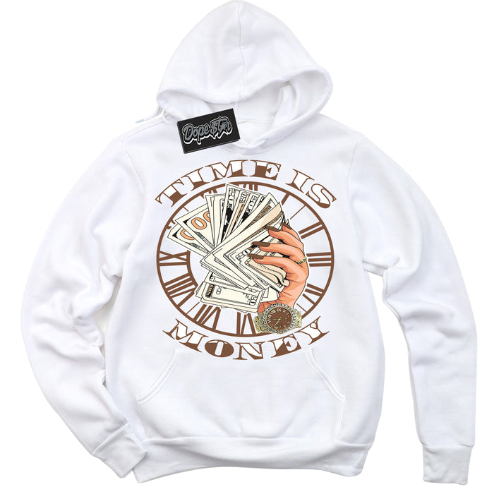 AJ1 Low Archaeo Brown White 'Time Is Money' Hoodie- White Streetwear Mockup | Sneakerhead Hoodie Matching Archaeo Brown White AJ1 Lows | Limited Edition Jordan 1 Low Archaeo Brown White hoodie for Men & Women | Drip with Your Archaeo Brown White 1s Kicks | Sneakerhead Fashion Must-Have.