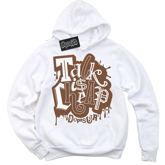 AJ1 Low Archaeo Brown White 'Talk Is Cheap' Hoodie- White Streetwear Mockup | Sneakerhead Hoodie Matching Archaeo Brown White AJ1 Lows | Limited Edition Jordan 1 Low Archaeo Brown White hoodie for Men & Women | Drip with Your Archaeo Brown White 1s Kicks | Sneakerhead Fashion Must-Have.