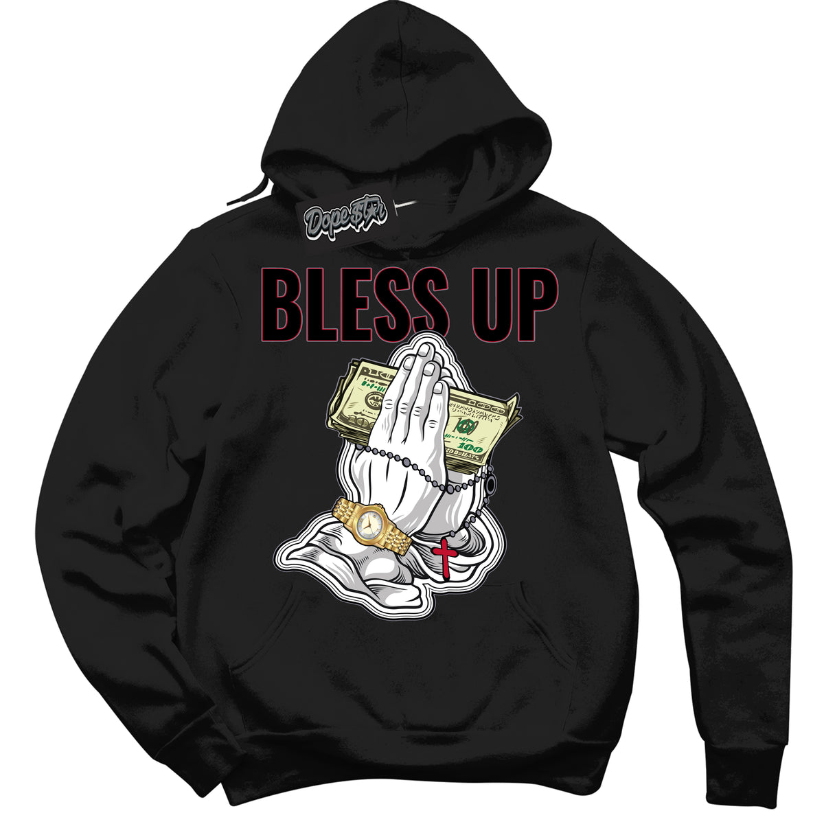Cool Black Hoodie with “ Bless Up '' design that Perfectly Matches  Cement Grey Fire Red 1s Sneakers.
