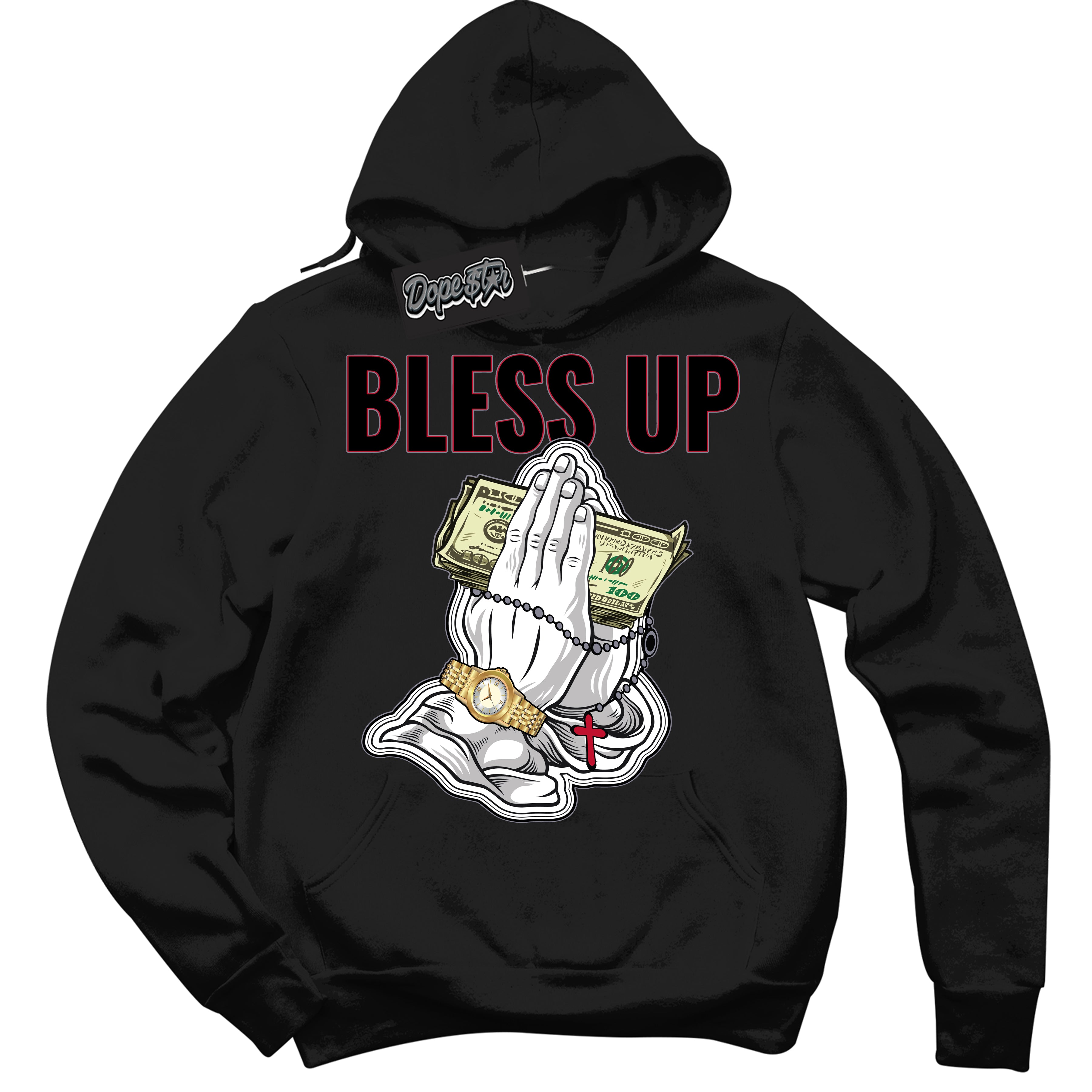 Cool Black Hoodie with “ Bless Up '' design that Perfectly Matches  Cement Grey Fire Red 1s Sneakers.