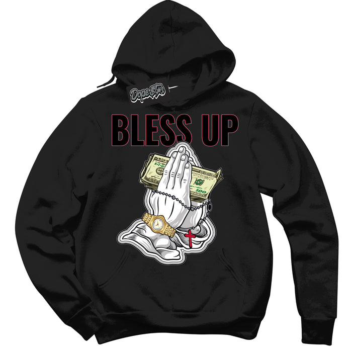 Cool Black Hoodie with “ Bless Up '' design that Perfectly Matches  Cement Grey Fire Red 1s Sneakers.