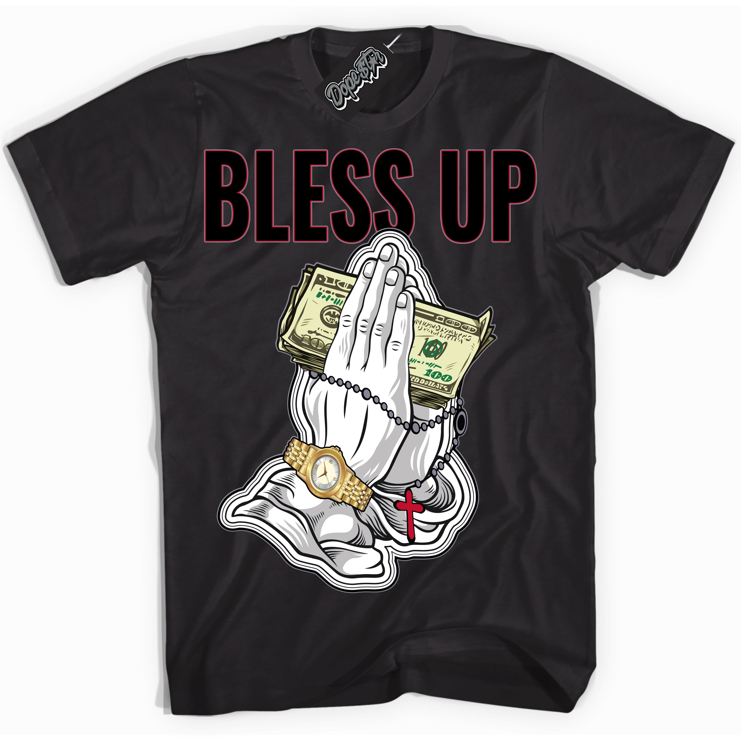 Cool Black Shirt with “ Bless Up ” design that perfectly matches Cement Grey Fire Red 1s Sneakers.