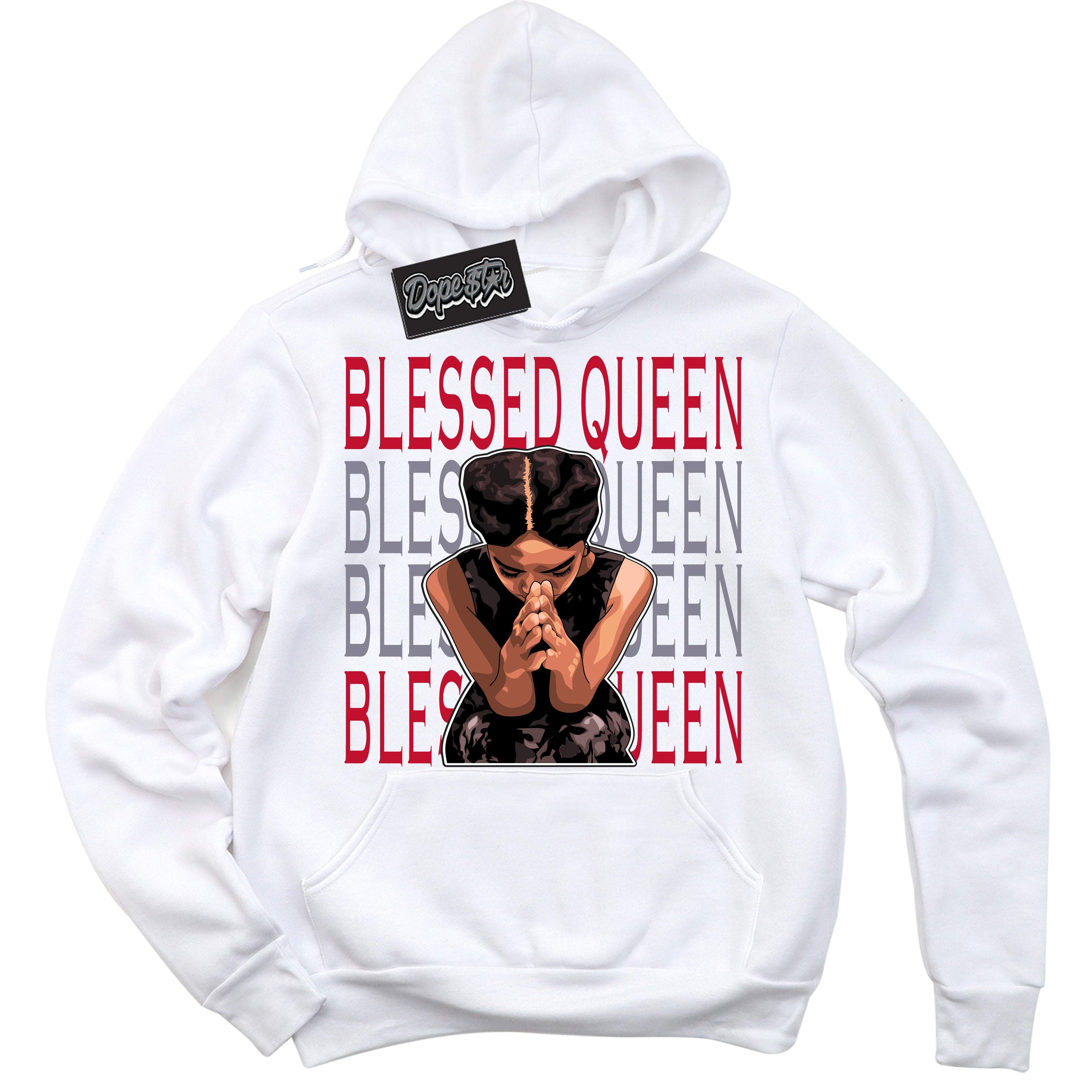 Cool White Hoodie with “ Blessed Queen '' design that Perfectly Matches  Cement Grey Fire Red 1s Sneakers.