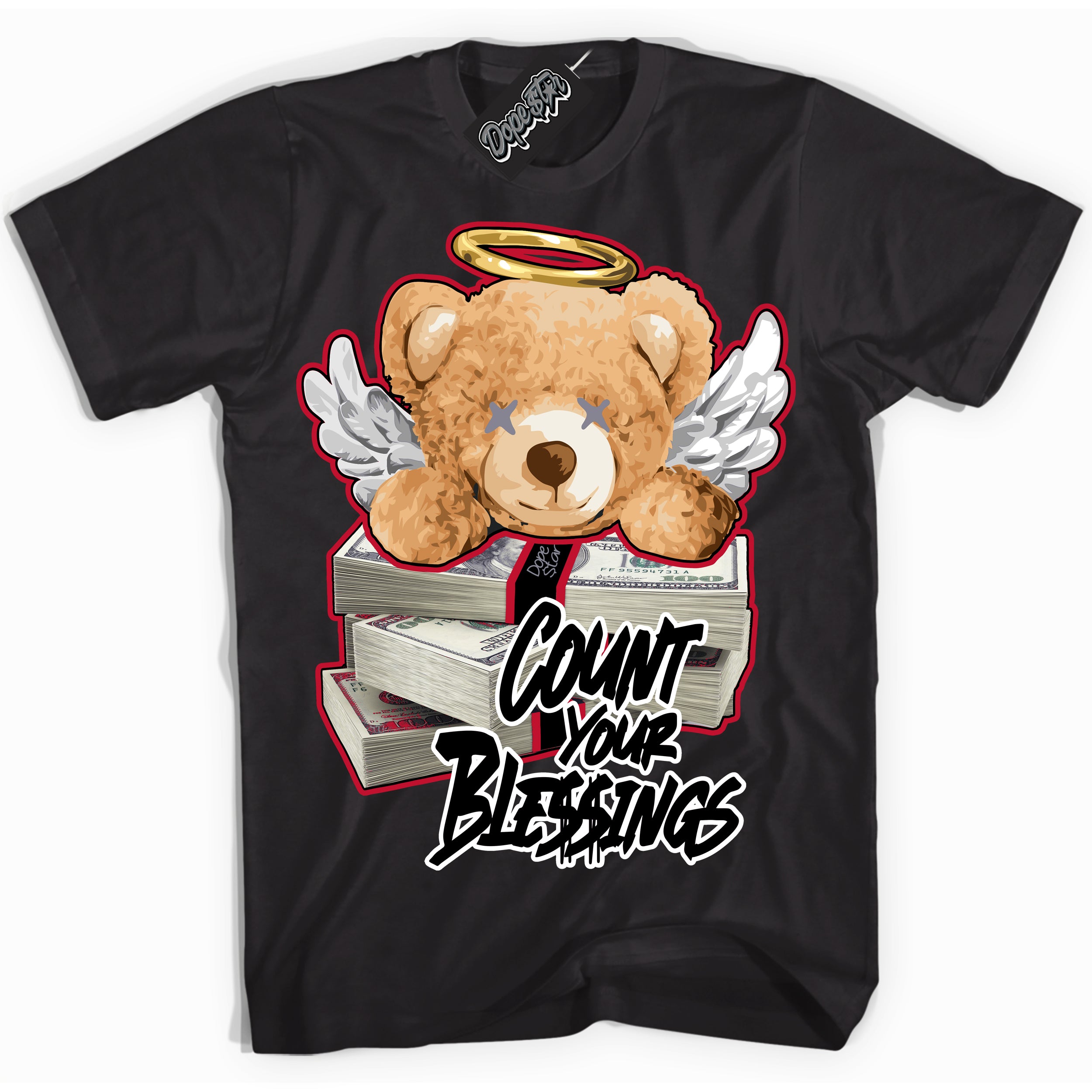 Cool Black Shirt with “ Count Your Blessings ” design that perfectly matches Cement Grey Fire Red 1s Sneakers.