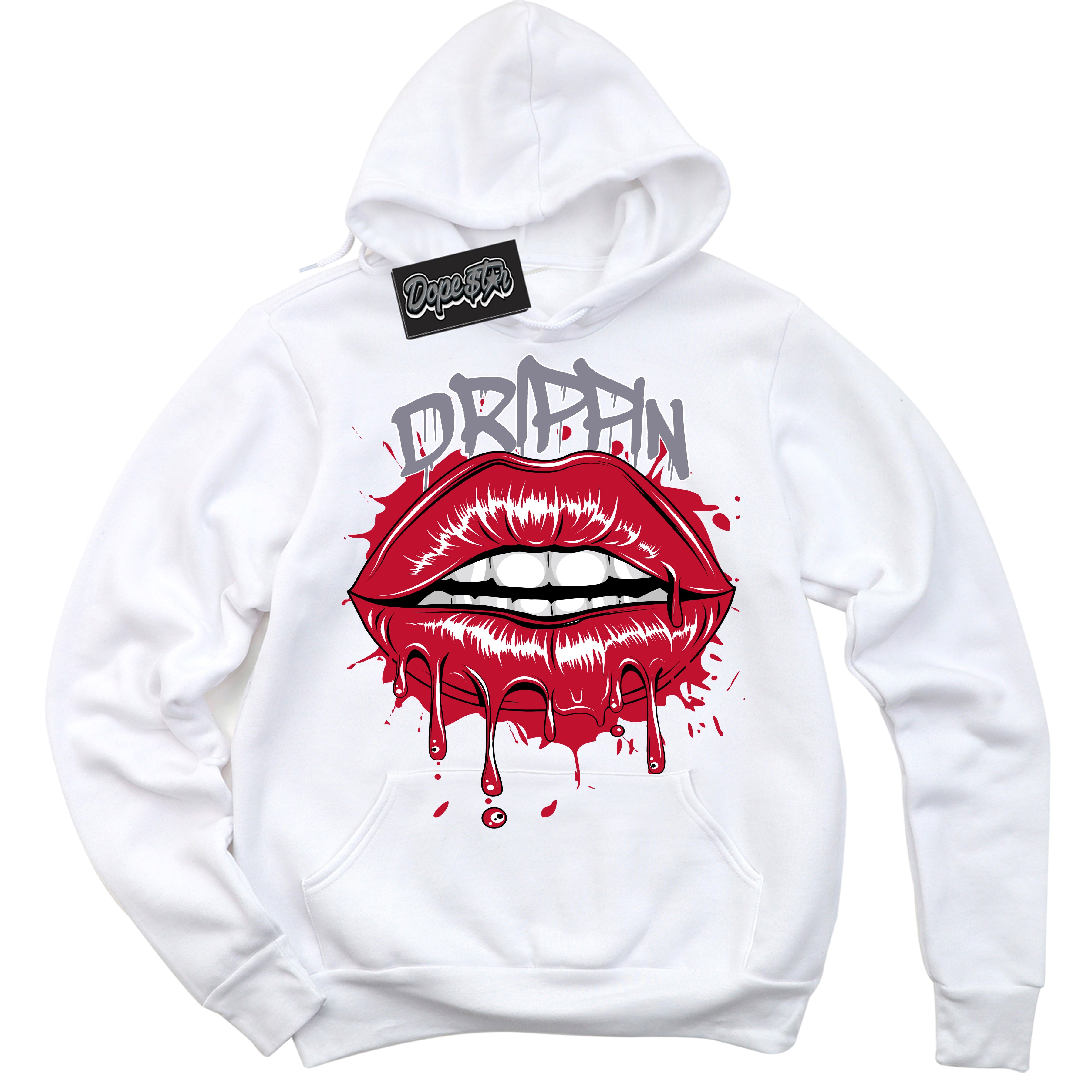 Cool White Hoodie with “ Drippin '' design that Perfectly Matches  Cement Grey Fire Red 1s Sneakers.