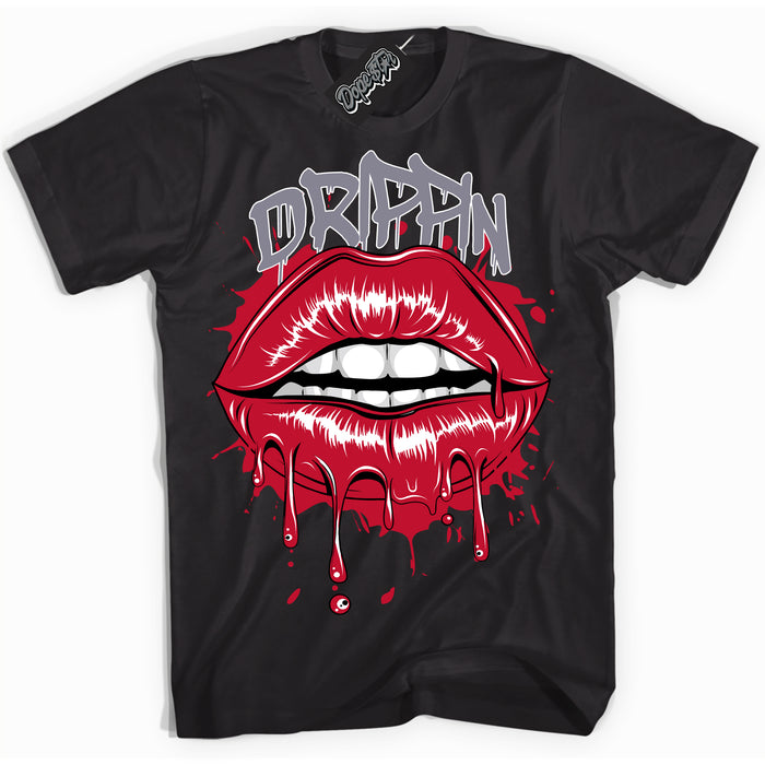Cool Black Shirt with “ Drippin ” design that perfectly matches Cement Grey Fire Red 1s Sneakers.