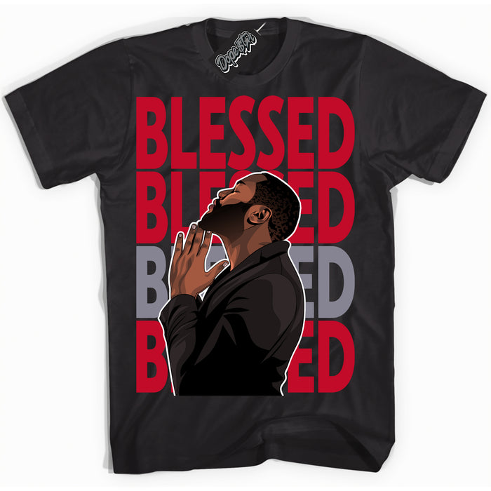 Cool Black Shirt with “ God Blessed ” design that perfectly matches Cement Grey Fire Red 1s Sneakers.