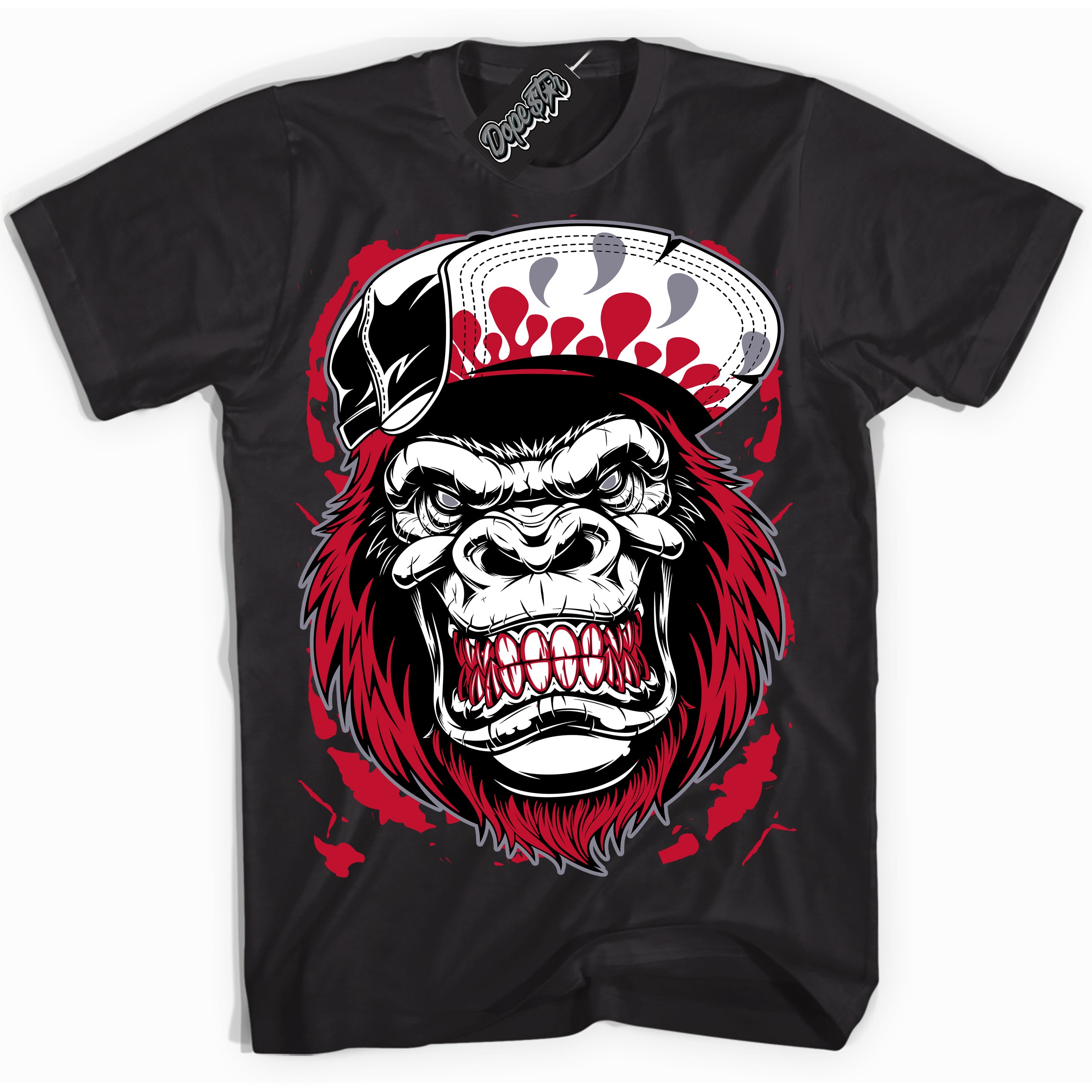 Cool Black Shirt with “ Gorilla Beast ” design that perfectly matches Cement Grey Fire Red 1s Sneakers.